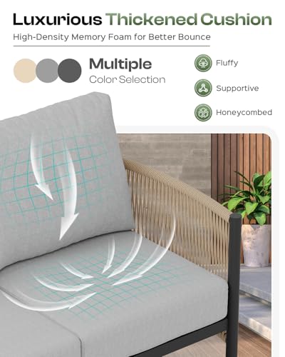 Aluminum Outdoor Patio Furniture Set with Dual-Layer Coffee Table, 5 Piece Modern Patio Conversation Sets with PE Rope, Outdoor Sectional Sofa with Thick Cushions for Balcony, Yard, Gray