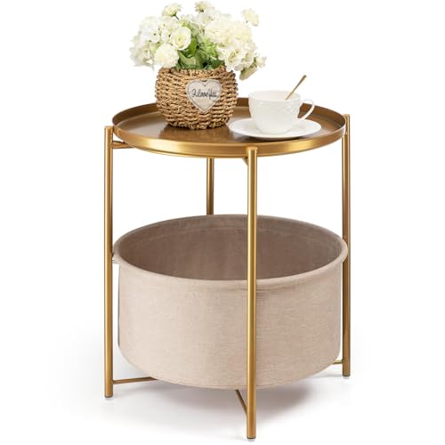 Gold Side Table with Basket, Small Round Table for Living Room | Metal Modern Nightstand for Small Space, Bedroom, Nursery, Accent Metal Stand with Removable Serving Tray, 20.47 in Tall