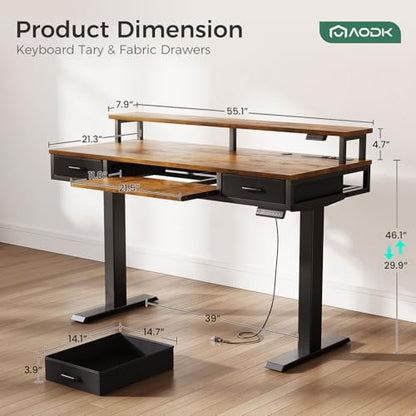 55 Inch Standing Desk with Drawers & Keyboard Tray, Rustic Brown, view 4