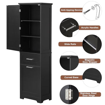 68 Inch Bathroom Storage Cabinet with Adjustable Shelf, Black | Black MDF, bathroom or office, painted finish, adjustable shelf, enclosed cabinet, anti-tip hardware, 68.4 in H