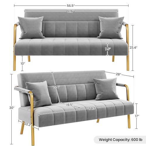 Yaheetech 56.5" W Modern Sofa Small Sofa Luxurious Velvet Fabric Couch with Gold-Tone Metal Arms and Legs for Living Room, Home Office, Studio Light Gray