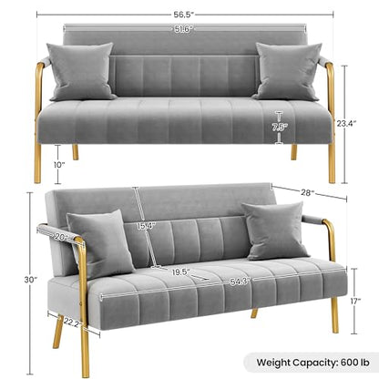 Yaheetech 56.5" W Modern Sofa Small Sofa Luxurious Velvet Fabric Couch with Gold-Tone Metal Arms and Legs for Living Room, Home Office, Studio Light Gray