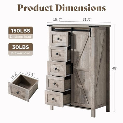 31.5'' Farmhouse Dresser with Sliding Barn Doors, 48" Rustic 5 Drawer Tall Dresser, Storage Organizer for Bedroom, Entryway, Light Rustic Oak