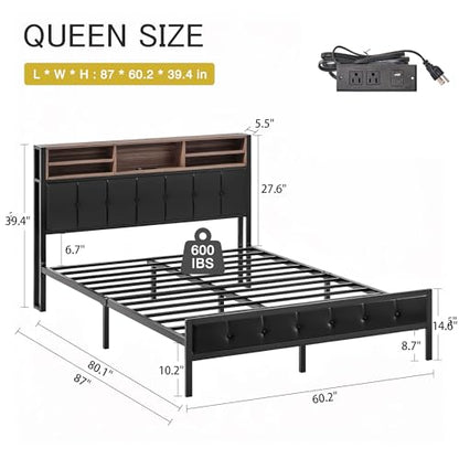 Metal bed frame with wooden accents, black, LED lighting and storage, view 3