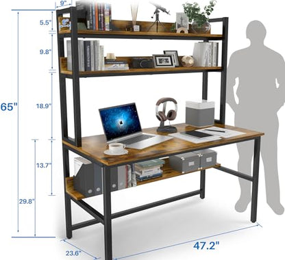 Computer Desk with Hutch, 47“W x 23.6" D Desk with Shelves, Tall Home Office Desk with Bookshelf, Metal Legs Study Table with Upper Storage Shelf for Study Writing/Workstation