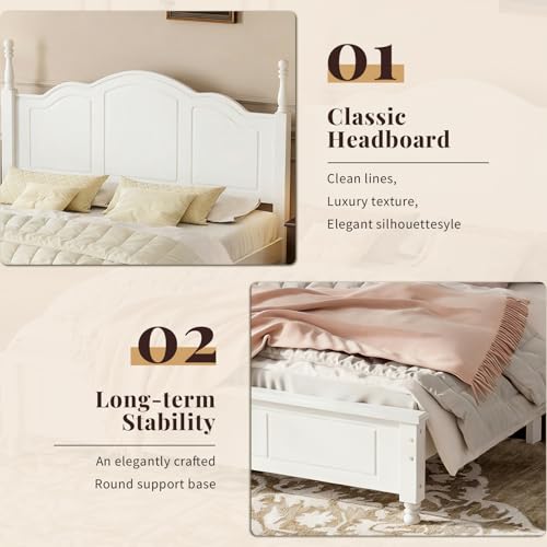 Vintage Queen Wood Bed Frame with Retro Style Headboard, White, view 4