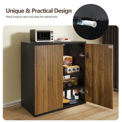 Buffet Cabinet with Storage Walnut Fluted Wooden Accent Sideboard with Pop-Up, view 5