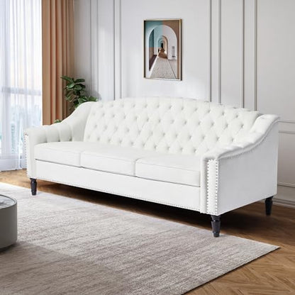 Mid-Century Modern Velvet Sofa, 80" Large Upholstered Sofa with High Back, Chesterfield Couch Sleeper Settee with Solid Wood Legs, Tufted 3 Seater Wide Couches for Living Room Office (White)