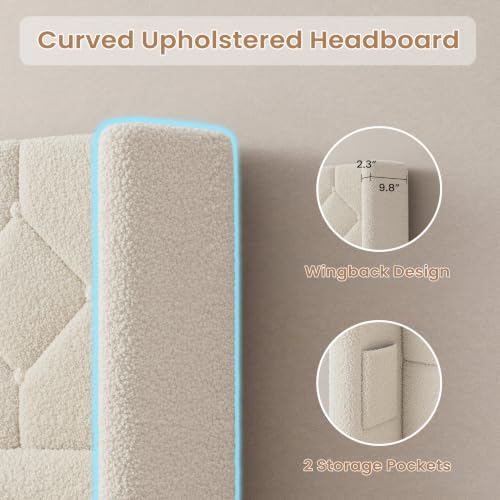 Queen Bed Frame with USB Ports & Storage Pockets, Cream Boucle, view 6