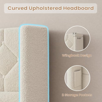 Queen Bed Frame with USB Ports & Storage Pockets, Cream Boucle, view 6