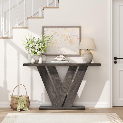 51 Inch Console Table, Modern V-Shaped Entryway Table, Wood Sofa Table Behind The Couch for Living Room, Hallway, Entrance, Foyer, Easy Assembly, Grey