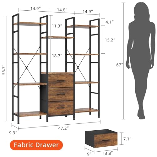 AFLUI Triple Bookshelf with 3 Fabric Drawers, 4-Tier Book Shelf and 10 Display Shelves, Industrial Large Bookcase for Home & Office, Rustic Brown, 47'' Wide