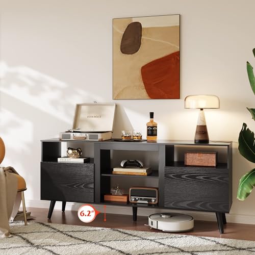 Mid-Century Modern TV Stand for 55 60 65 Inch TV, Entertainment Center with Extra Open Shelf & Storage Cabinets, Media TV Console for Living Room Bedroom Office, Black