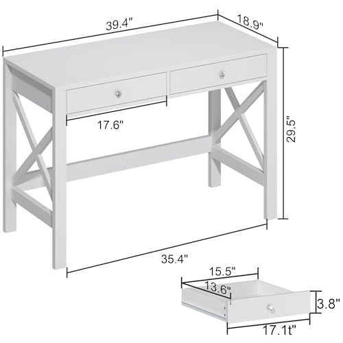 Computer Desk Study for Home Office, Modern Simple 40 Inches Desk with Drawers, Makeup Vanity Console Table, White