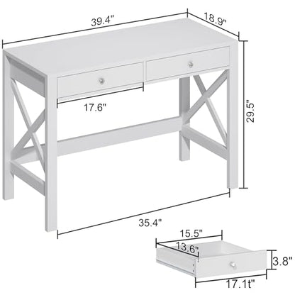Computer Desk Study for Home Office, Modern Simple 40 Inches Desk with Drawers, Makeup Vanity Console Table, White