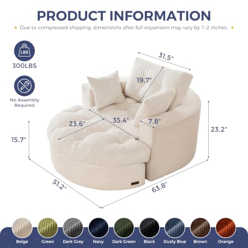 Oversized Round Chaise Lounge Sofa, Boneless Chair with Ottoman, view 3