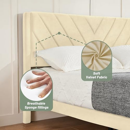 Full Size Platform Bed Frame with Velvet Headboard, Wing Edge, view 7