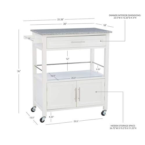 Kyler White Granite Topped Kitchen Cart with Lockable Casters and Hidden Storage Spaces