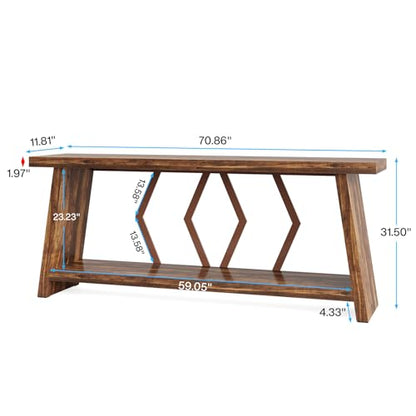 Tribesigns 70.86-Inch Farmhouse Console Table, Industrial Narrow Long Sofa Entryway Table with Storage, 2-Tier Wood Couch Foyer Accent Table for Living Room, Hallway, Entrance (Brown)