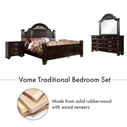 Syracuse 6-Piece Traditional Solid Wood Bedroom Set with Chest, Mirrored-Dresser and 2 Nightstands, Box Spring Required for Bedroom, Guest Room, Queen, Walnut