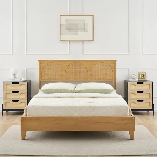 Rattan Nightstand,Boho Bedside Table,End Table with 3 Natural Rattan Drawer,Rattan Furniture,Boho Mid Century Modern Bedside Table,Rattan Bedside Table with Metal Handle for Bedroom,Living Room