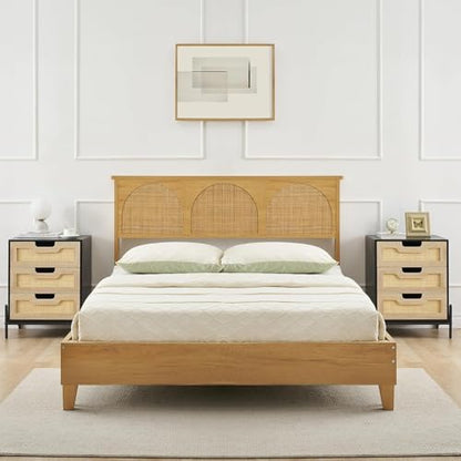 Rattan Nightstand,Boho Bedside Table,End Table with 3 Natural Rattan Drawer,Rattan Furniture,Boho Mid Century Modern Bedside Table,Rattan Bedside Table with Metal Handle for Bedroom,Living Room