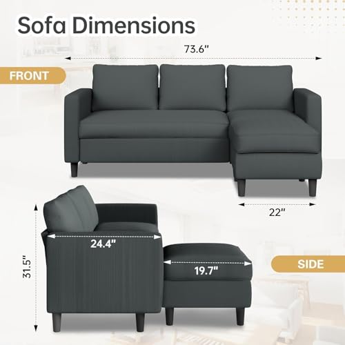 3-Seat Reversible Sectional Sofa with Convertible Ottoman, Modern Ribbed Fabric L-Shaped Couch for Living Room, Small Apartment & Office, Easy Tool-Free Assembly, Grey
