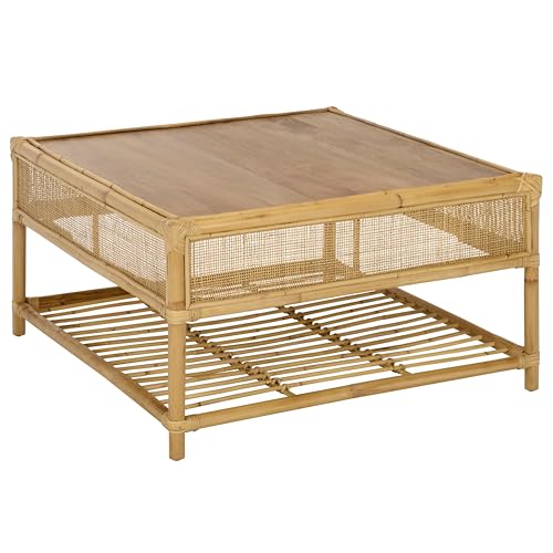 SAFAVIEH Furniture - Webber Square Coffee Table - Natural Solid Wood with Rattan Shelf Storage - Boho Living Room Table, 31.5" W x 31.5" D x 17.7" H (COF6519A)