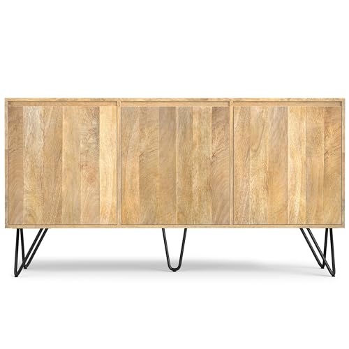 Hunter Buffet - 60 inch Wide Solid Mango Wood 3-Door Sideboard Buffet in Natural, Contemporary Storage Cabinet for Dining Room or Kitchen with Adjustable Shelves and Metal Legs