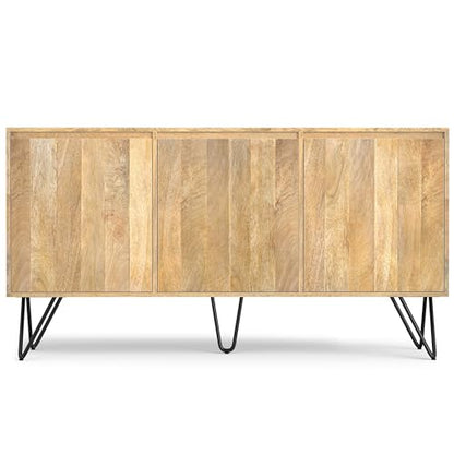 Hunter Buffet - 60 inch Wide Solid Mango Wood 3-Door Sideboard Buffet in Natural, Contemporary Storage Cabinet for Dining Room or Kitchen with Adjustable Shelves and Metal Legs