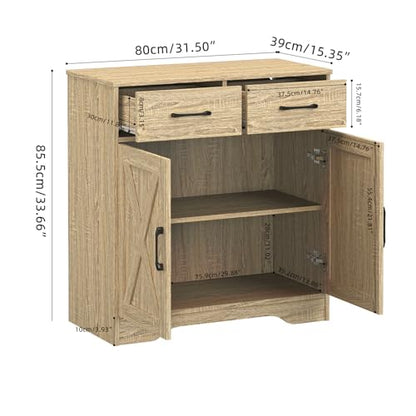 Sideboard 2 Drawers 2 Doors Entryway Storage Cabinet Living Room Organizer Farmhouse Style Wooden Kitchen Cupboard (Nature)