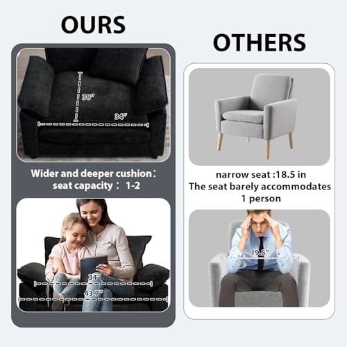 Modern Oversized Chair, Comfy Chenille Accent Chair Large Upholstered Armchair with Extra Thick and Deep Seat Lounge Chair for Living Room,Bedroom,Apartment (Black)