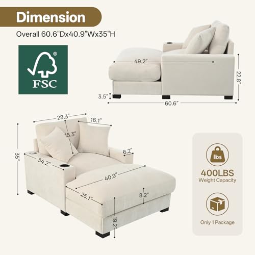 60" Oversized Chaise Lounge Chair Indoor with Adjustable Backrest & Charging, view 3