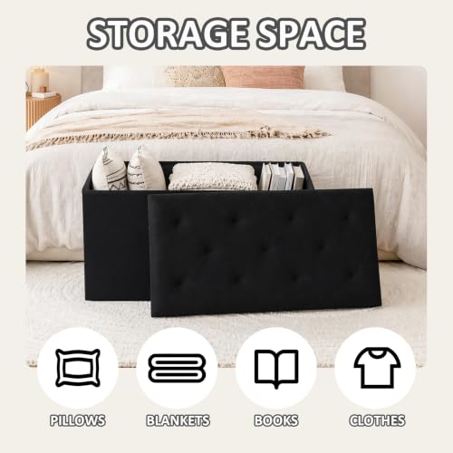 Velvet Storage Ottoman Bench with Foot Rest, Large Long Folding Shoes Stool, Sturdy Space-Saving Furniture for Bedroom Living Room, Black, 30"x15"x15"