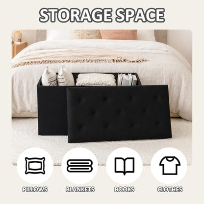 Velvet Storage Ottoman Bench with Foot Rest, Large Long Folding Shoes Stool, Sturdy Space-Saving Furniture for Bedroom Living Room, Black, 30"x15"x15"