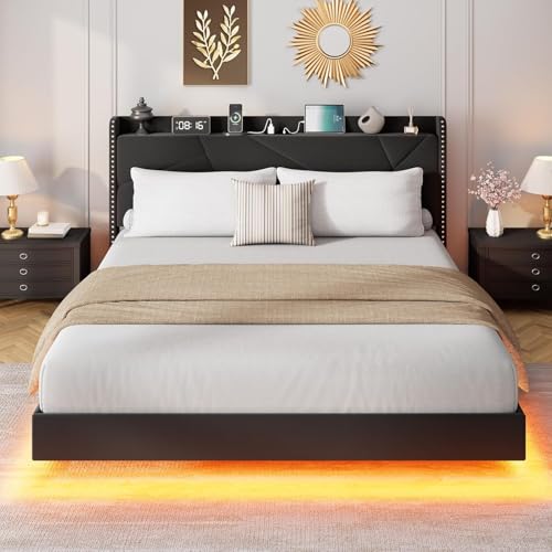 Queen Size Floating Bed Frame with Light and Charging Station, Black, view 6