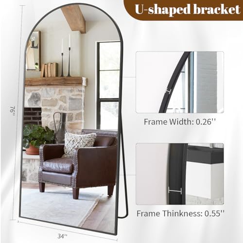 34"x76" Arched Full Length Mirror, Black Large Floor Mirror with Aluminum Alloy Frame Standing Hanging or Leaning Wall-Mounted Full Body Mirror for Living Room and Bedroom