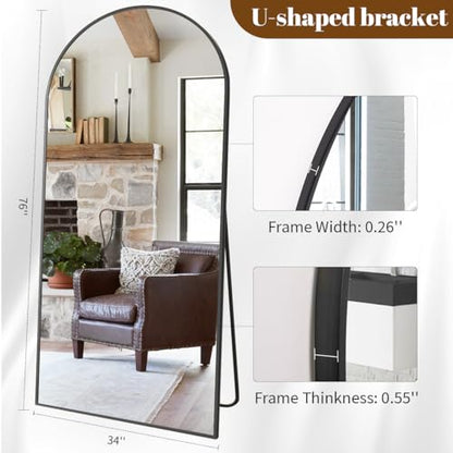 34"x76" Arched Full Length Mirror, Black Large Floor Mirror with Aluminum Alloy Frame Standing Hanging or Leaning Wall-Mounted Full Body Mirror for Living Room and Bedroom