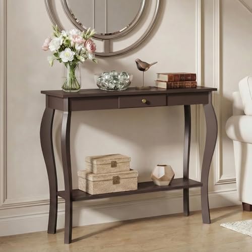 Narrow Console Table with Drawer, Chic Accent Sofa Entryway Table with Shelves for Entryway, Living Room, Hallway, Espresso