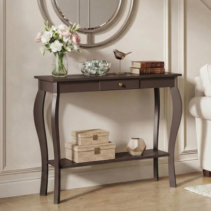 Narrow Console Table with Drawer, Chic Accent Sofa Entryway Table with Shelves for Entryway, Living Room, Hallway, Espresso