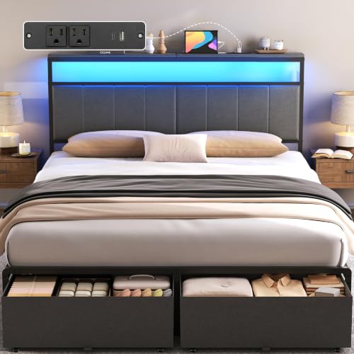 Grey Upholstered Queen Bed Frame with Drawers, view 2