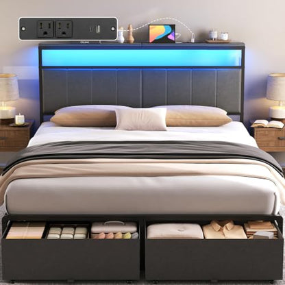 Grey Upholstered Queen Bed Frame with Drawers, view 2