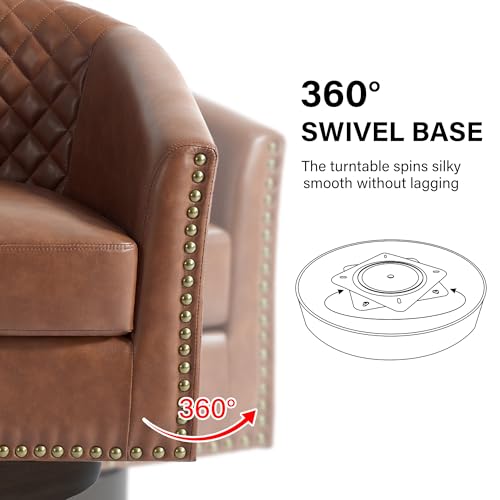 Swivel Barrel Accent Chair Set of 2, Comfy Modern Upholstered Round Faux Leather Arm Chair for Living Room, Bedroom, Brown
