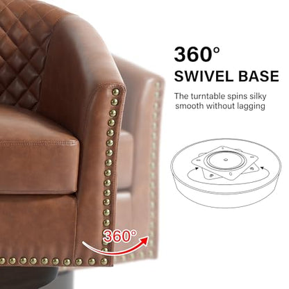 Swivel Barrel Accent Chair Set of 2, Comfy Modern Upholstered Round Faux Leather Arm Chair for Living Room, Bedroom, Brown