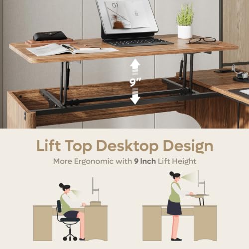 55" L Shaped Desk with Lift Top, Fluted Drawers, Brown Oak, view 6