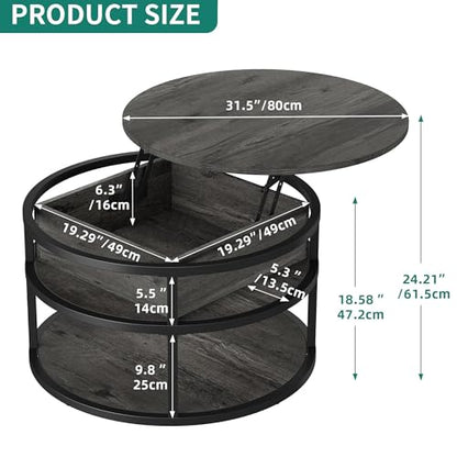 Round Lift Top Coffee Tables for Living Room | Lift Top Design, Dining Table with Hidden Compartment, 2-Tier Storage, Farmhouse Style, for Living Room, Easy Assembly