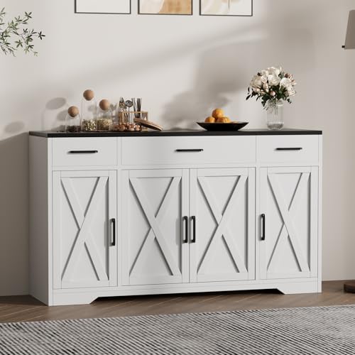 55 Inch Farmhouse Sideboard Buffet Cabinet with Storage & 3 Drawers & Barn Doors Large Modern Wood Coffee Bar Buffet Table, Dining Room Storage Cabinet for Dining Room, Kitchen, Living Room