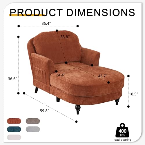 59.8” Chaise Lounge Chair Indoor, Oversized Reading Armchair, Orange, view 3