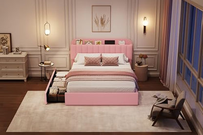 Upholstered Bed Frame with 2 Storage and Drawers, Boucle Soft Platform Bed, view 6