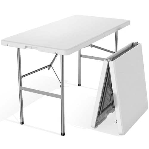 4 FT Foldable Table Easy to Fold and Store, Folding Picnic Table for Picnic Camping Kitchen Dining Party Outdoor Indoor with Carrying Handle, White